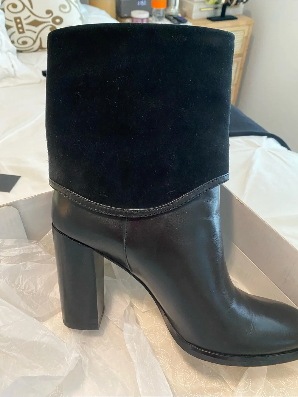 Michael Kors FultonBlack Leather and Suede MK Logo Block Heel Ankle Boot